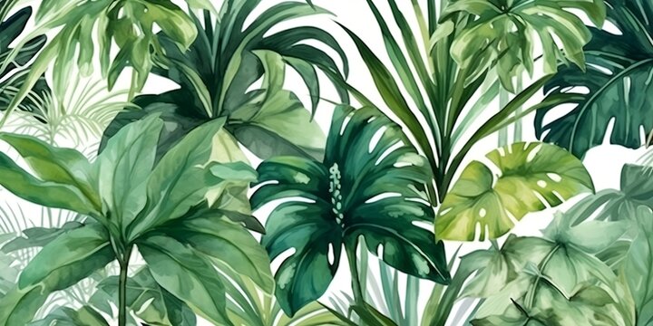 A continuous belt of tropical vegetation. Wallpaper pattern painted in watercolor. Picturesque tropical setting with palm palms. Framed with a hand-painted canvas created with Generative Ai.