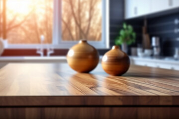 Fototapeta na wymiar Wooden table top on blur kitchen room background. AI generative