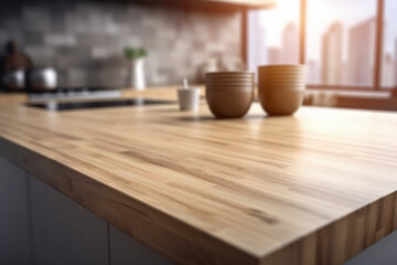 Obraz na płótnie Canvas Wooden table top on blur kitchen room background. AI generative