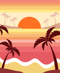 Fototapeta na wymiar Vector sunset illustration with palm tree silhouette, beach art