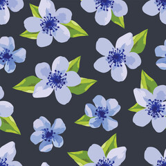 Watercolour blue flowers with green leaves on grey background