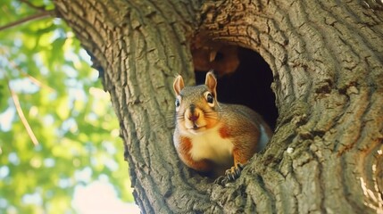 A curious squirrel watching passersby from a tree. AI generated