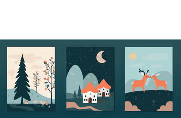 Scandinavian design art triptych, walldecoration, picture set, vector, silhouette, deer, house, home, day, night, love decoration