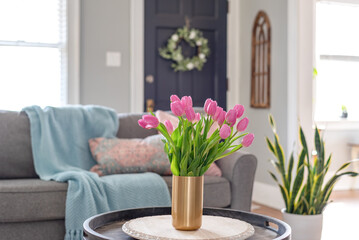 Cozy home interior decorated for spring