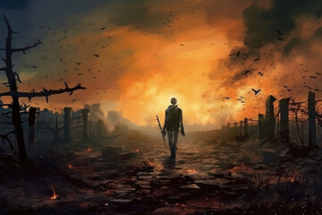 Fototapeta premium Zombie walking in the burnt cemetery with burning sky. AI generative