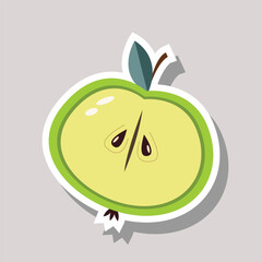 Vector sticker design with sliced green apple isolated with white contour. Fruit digital sticker design