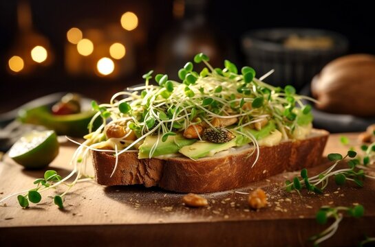 Whole grain toast with avocado, hummus, seeds and microgreen pea sprouts. AI Generative Illustrations