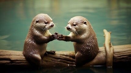 Obraz premium A cute otter holding hands with its mate. AI generated