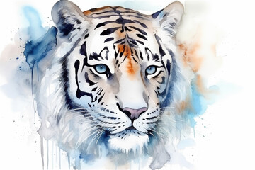 Generative AI. Watercolor portrait realistic blue tiger isolated on white background