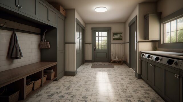 Entrance hall in the house with a large wardrobe with a mirror, soft pouffe and other furniture. Generative AI
