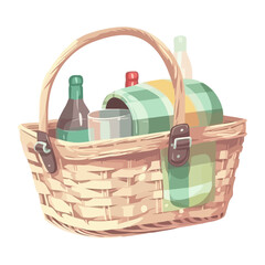Picnic basket full of organic food and wine