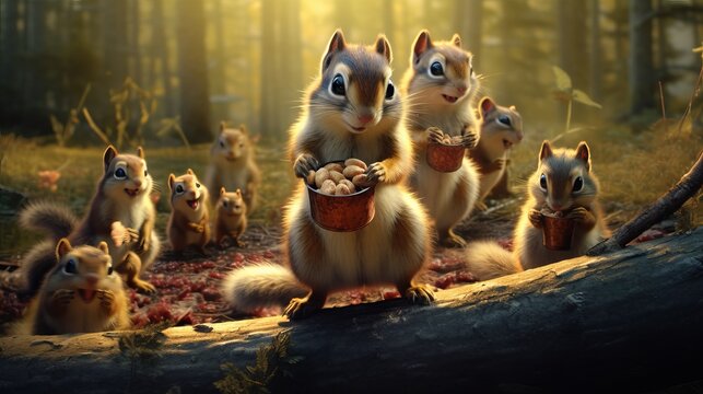 A Family Of Chipmunks Gathering Nuts For The Winter. AI Generated