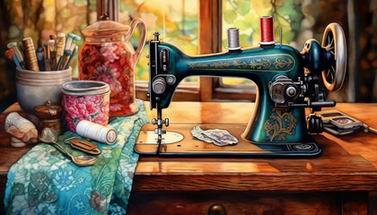 Watercolour illustration of an old vintage sewing machine. Greeting card project artwork.