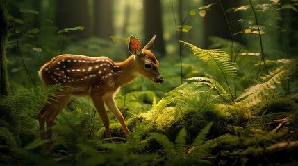Obraz premium A fawn nibbling on grass in a forest. AI generated