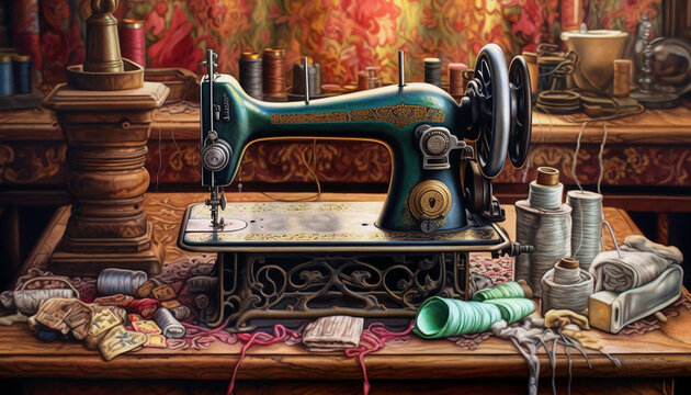 Watercolour artistic illustration of an old vintage sewing machine. Greeting card project artwork.