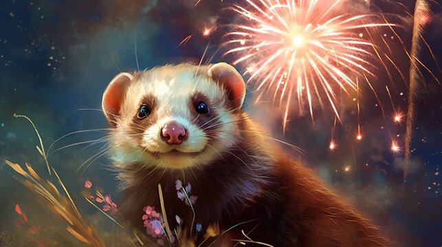 A festive ferret with a firework. AI generated
