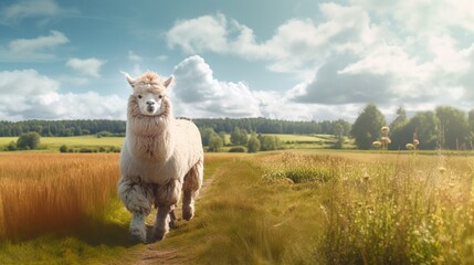 A fluffy alpaca grazing in a field. AI generated