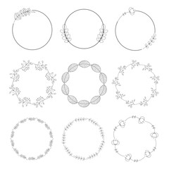 Wedding frames with flowers and branches isolated. Set of circular round floral wreaths with hand-drawn leaves for invitation card, template, postcards, logo, decoration, design, wedding, funeral.