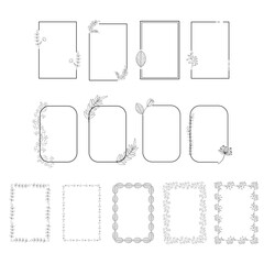 Frames with flowers and leaves isolated. Hand-drawn wedding ornaments, wreaths for logo, text, card, and invitation. Collection of rectangular floral wreaths with branches and leaves.