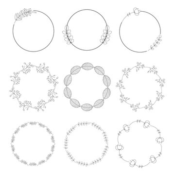 Wedding frames with flowers and branches isolated. Set of circular round floral wreaths with hand-drawn leaves for invitation card, template, postcards, logo, decoration, design, wedding, funeral.
