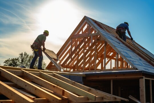 Carpenters build a roof on a residential house created with generative AI technology.