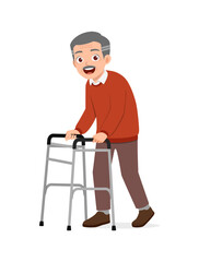 old man using walking cane and feel happy