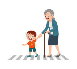 little kid helping eldery to cross the road