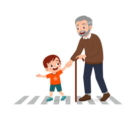 little kid helping eldery to cross the road
