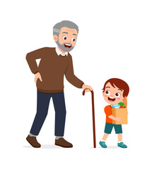 little kid helping eldery to bring grocery