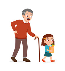 little kid helping eldery to bring grocery