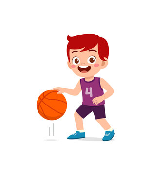 little kid play basketball and feel happy