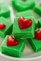 Green fudge with red hearts