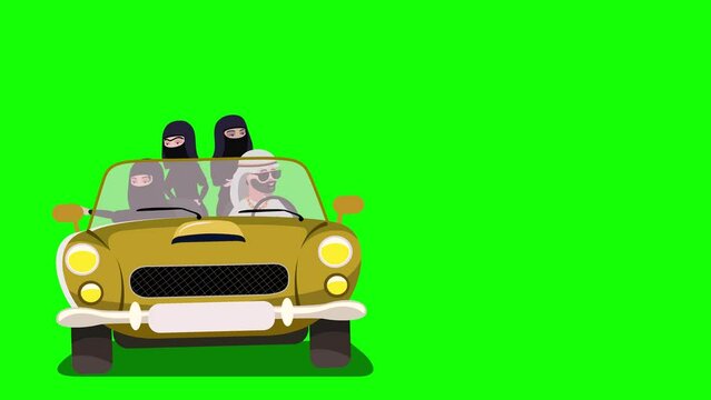 An Arab guy. Many wives. Journey. Desert. Green background.