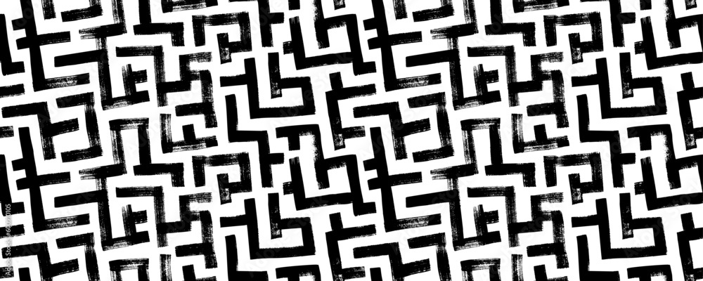 Aufkleber Geometric maze seamless pattern. Brush drawn black scribbles. Abstract maze geometric vector background. Irregular labyrinth pattern. Aztec or African textile print design. 