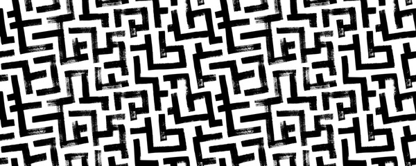 Geometric maze seamless pattern. Brush drawn black scribbles. Abstract maze geometric vector background. Irregular labyrinth pattern. Aztec or African textile print design. 