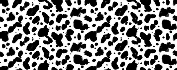 Dalmatians vector seamless horizontal pattern. Spotted animal texture, cow or dalmatian skin ornament. Hand drawn seamless banner with modern stylized skin. Brush irregular black smears.