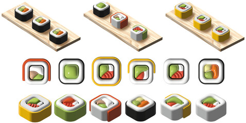 3D sushi illustration. different sushi
