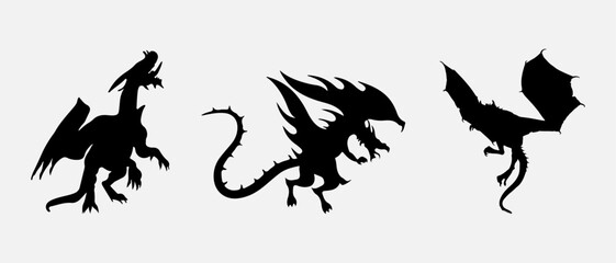 isolated black silhouette of a dragon , vector collection
