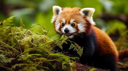A fluffy red panda snacking on bamboo leaves. AI generated