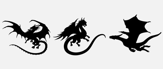 isolated black silhouette of a dragon , vector collection