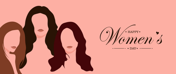 Happy women's day with minimal women portraits for horizontal banner and postcard. Silhouettes of women standing together with hand lettering Happy Women's day. Flat vector illustration