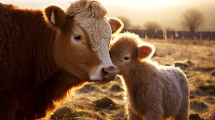 Obraz premium A friendly calf nuzzling against its mother. AI generated
