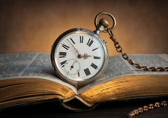 The clock lies on an old book. Clock as a symbol of time, the book is a symbol of knowledge and science.  Concept of time, history, science, memory, information. Vintage watch, clock background.