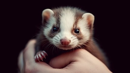 A friendly ferret nuzzling its owners hand. AI generated