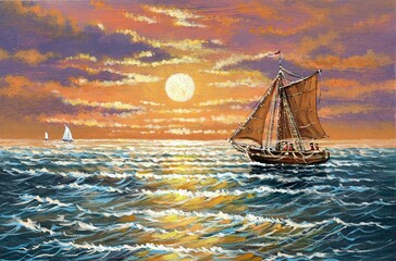 Oil paintings sea landscape, sailing ship in the sea. Fine art, artwork