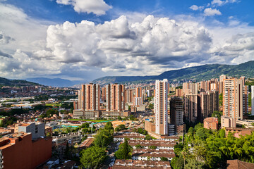 Fototapeta premium Scenic View of Medellin Colombia Skyline with Mountains in the Background 