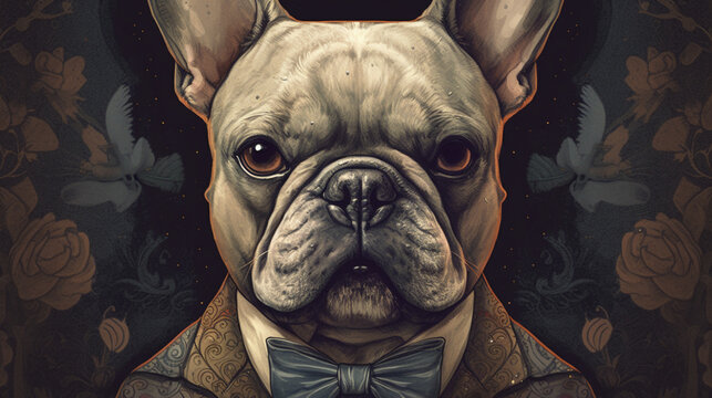 Illustration of wonderful dogs dressed in suits. Retro, vintage image background. Generated by AI.