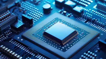 Circuit board in the technology backdrop in light and dark blue. Technology smart motherboard chip creative map. 3D realistic illustration. Generative AI