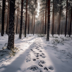 Walk path covered with snow in a winter forest. Rows of pine forest trees in the snow. Nowy forest. 3D realistic illustration. Generative AI