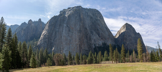 Yosemite NP, CA, USA - March 29, 2022:  Majestic views of granite formations, waterfalls, lakes and streams located within this popular destination.